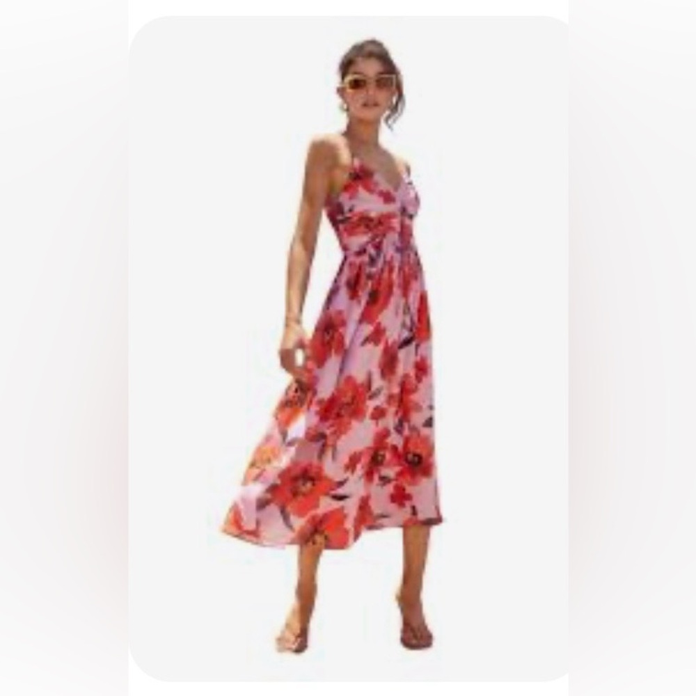 Adelyn Rae Red and Pink Floral Midi Dress